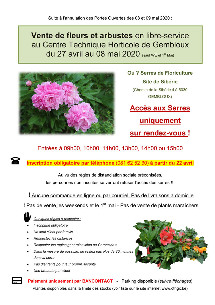 Vente de fleurs et arbustes du 27 avril au 08 mai 2020 